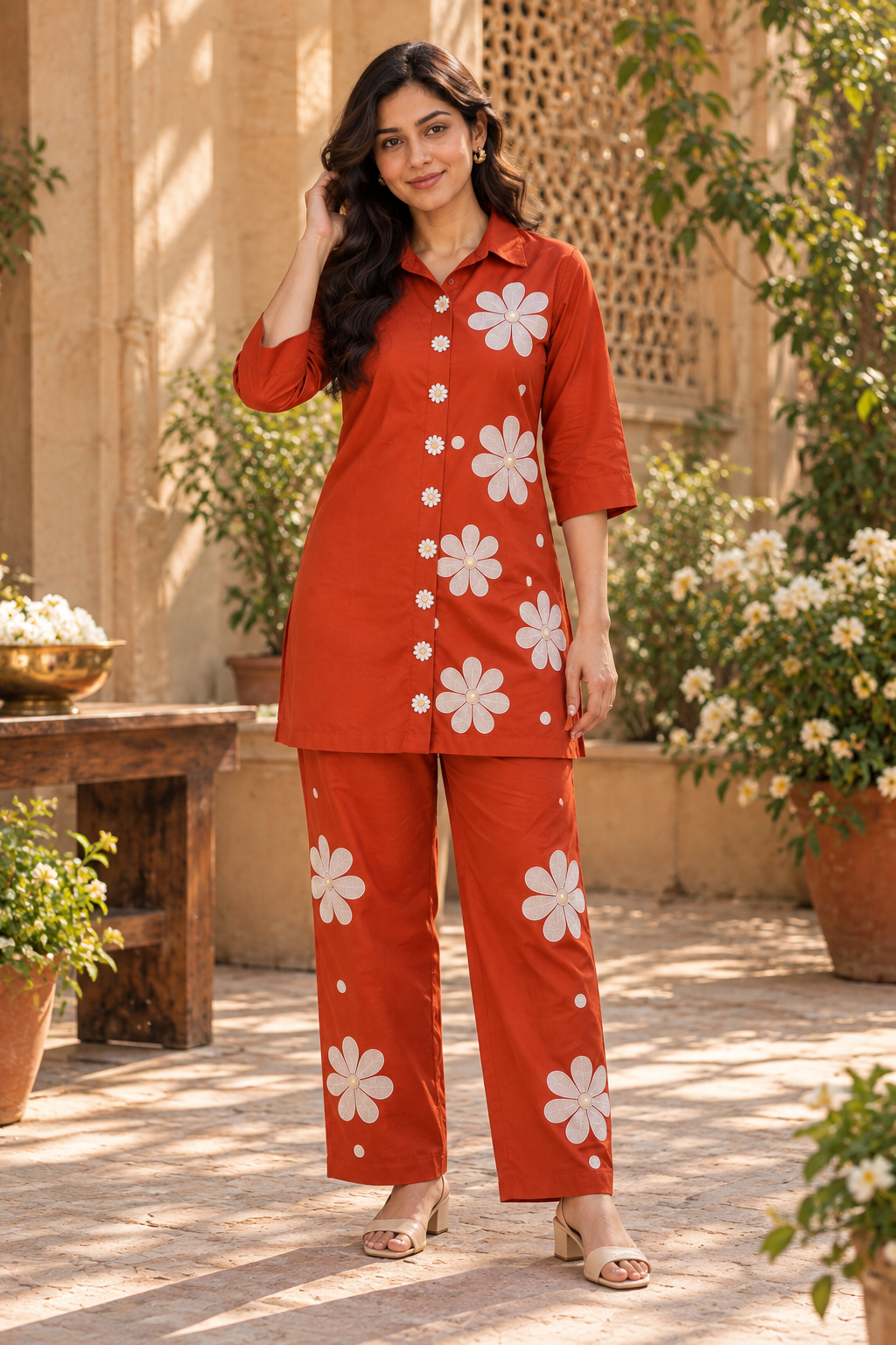 Rust Orange Floral Embroidered Co-ord Set