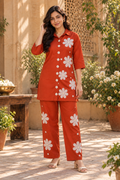 Rust Orange Floral Embroidered Co-ord Set