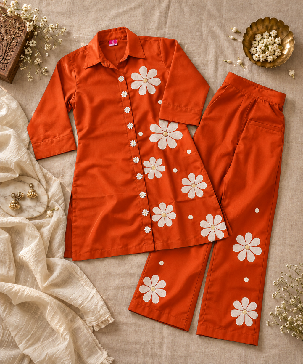 Rust Orange Floral Embroidered Co-ord Set