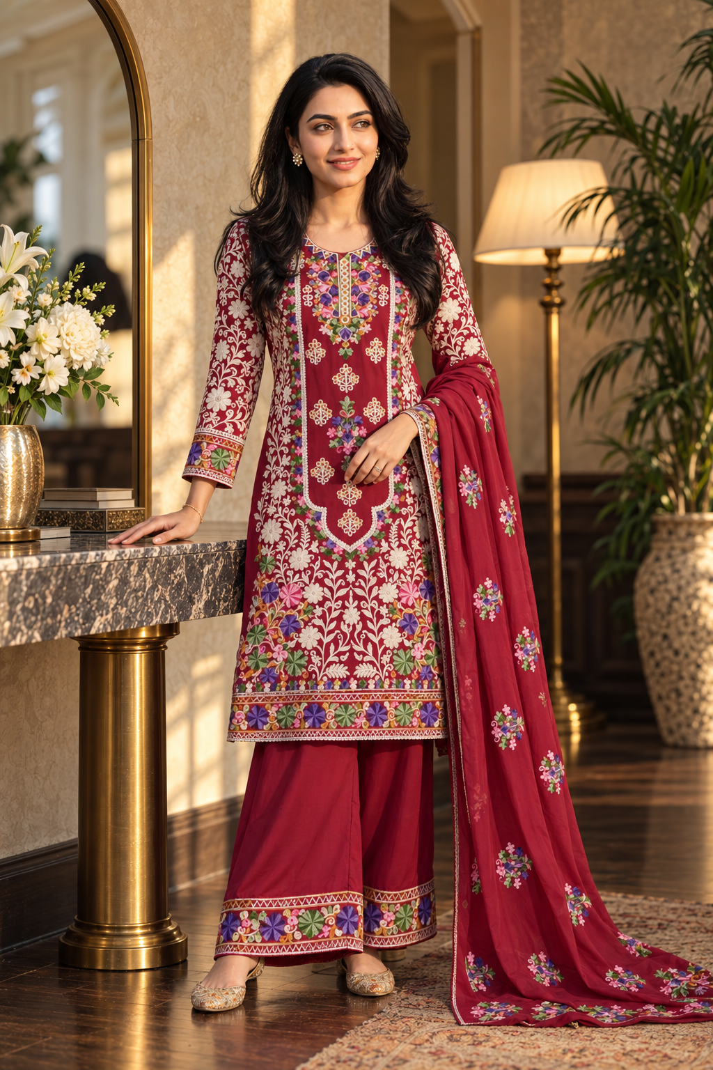Kashmiri Wine Floral Heritage 3-Piece Suit Set.