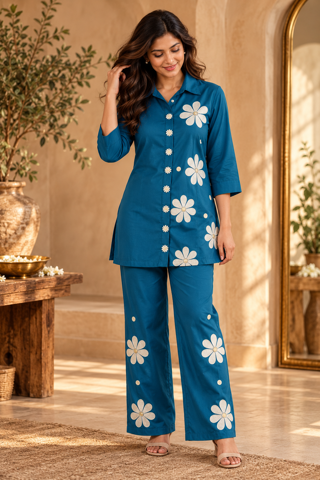 Blue Floral Embroidered Co-ord Set