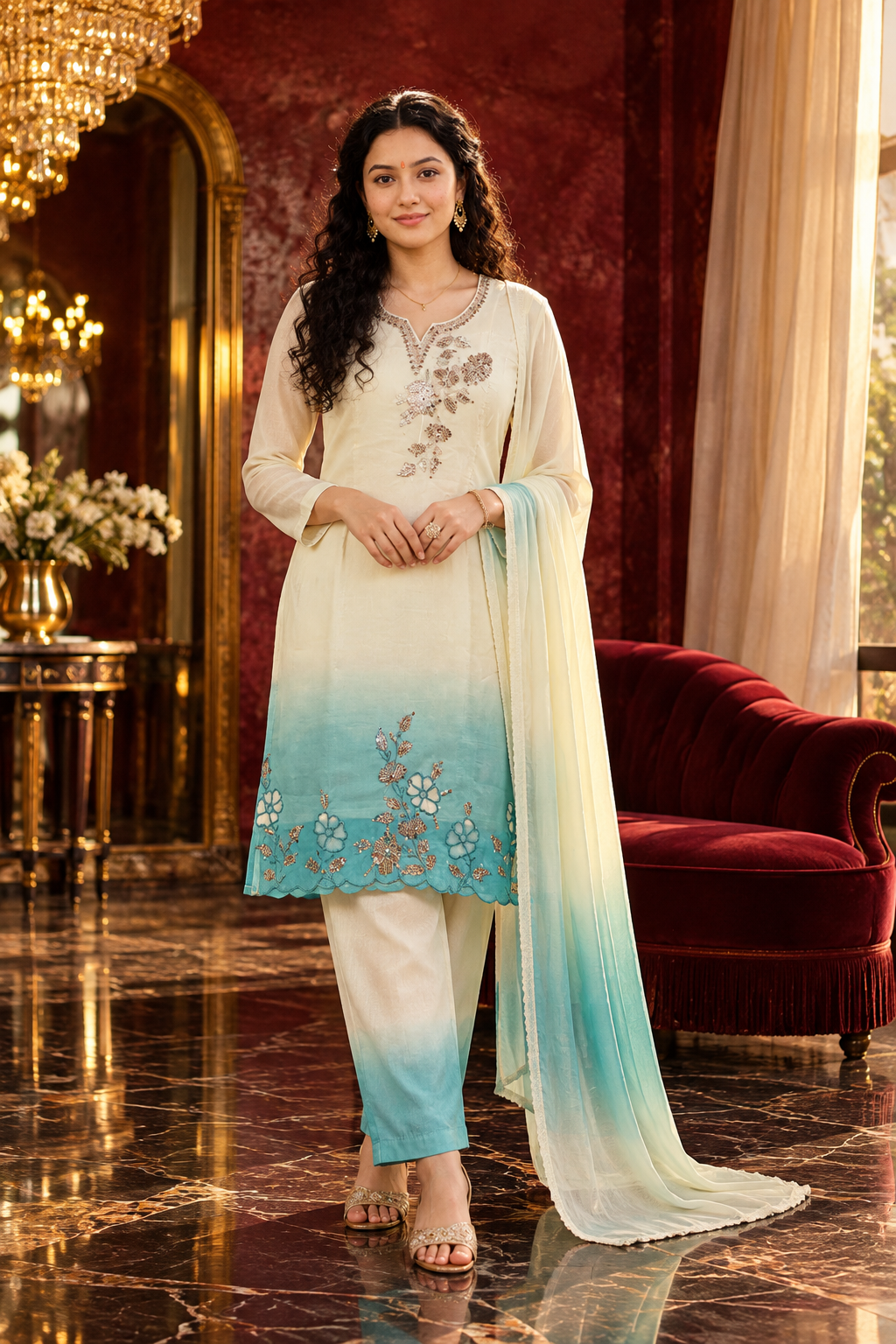 Aqua Mist Embellished 3-Piece Suit Set
