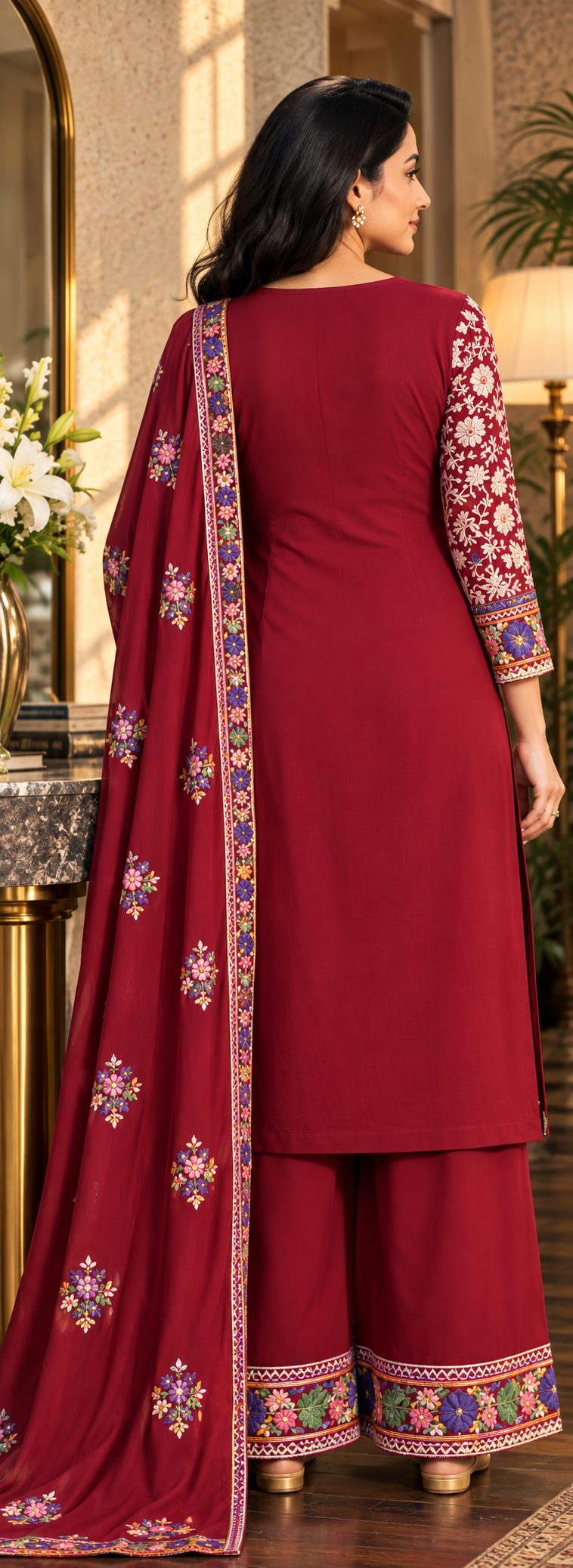 Kashmiri Wine Floral Heritage 3-Piece Suit Set.
