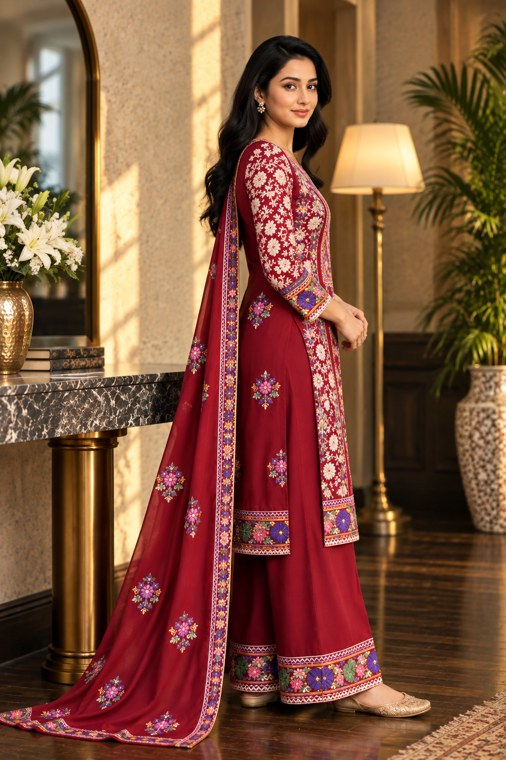 Kashmiri Wine Floral Heritage 3-Piece Suit Set.