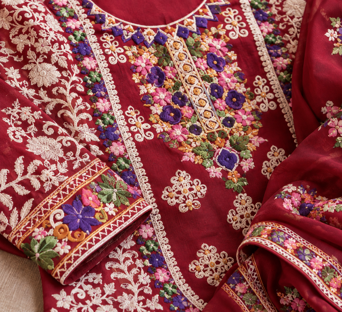 Kashmiri Wine Floral Heritage 3-Piece Suit Set.