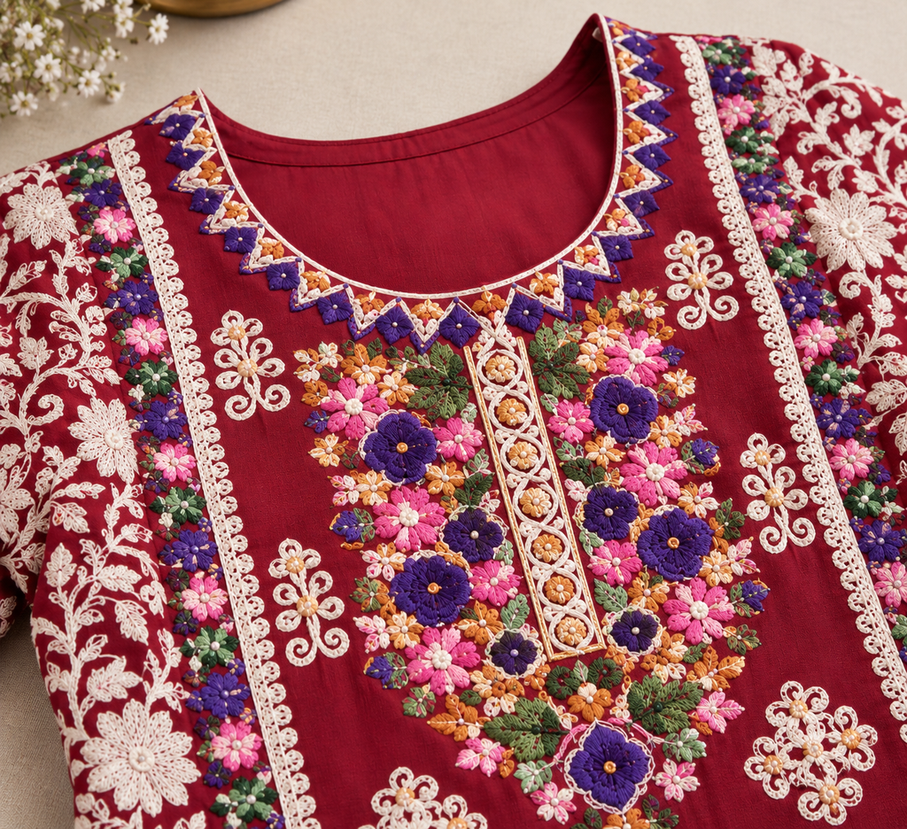 Kashmiri Wine Floral Heritage 3-Piece Suit Set.