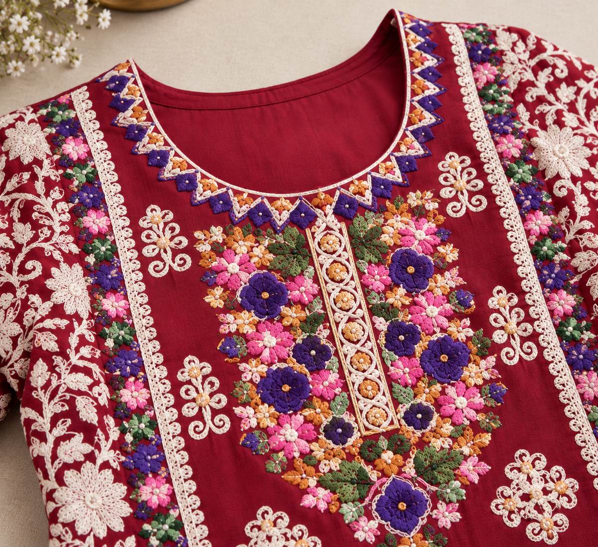 Kashmiri Wine Floral Heritage 3-Piece Suit Set.
