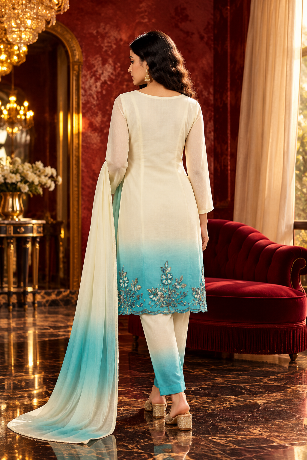 Aqua Mist Embellished 3-Piece Suit Set