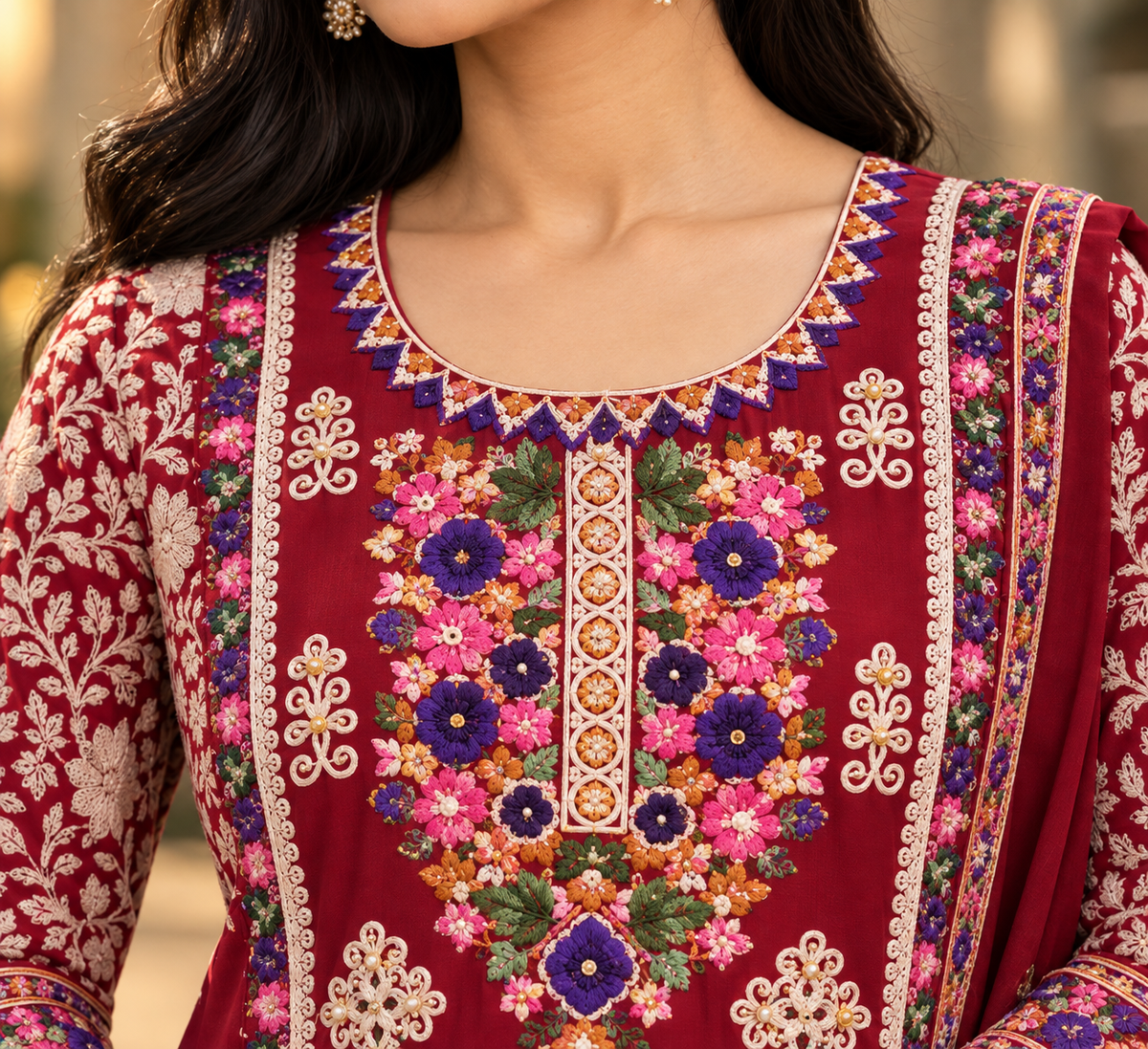 Kashmiri Wine Floral Heritage 3-Piece Suit Set.