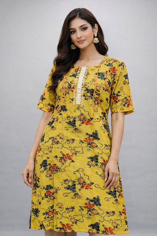 🌼 Rosera Floral Printed Long Kurti – Mustard Yellow 🌼